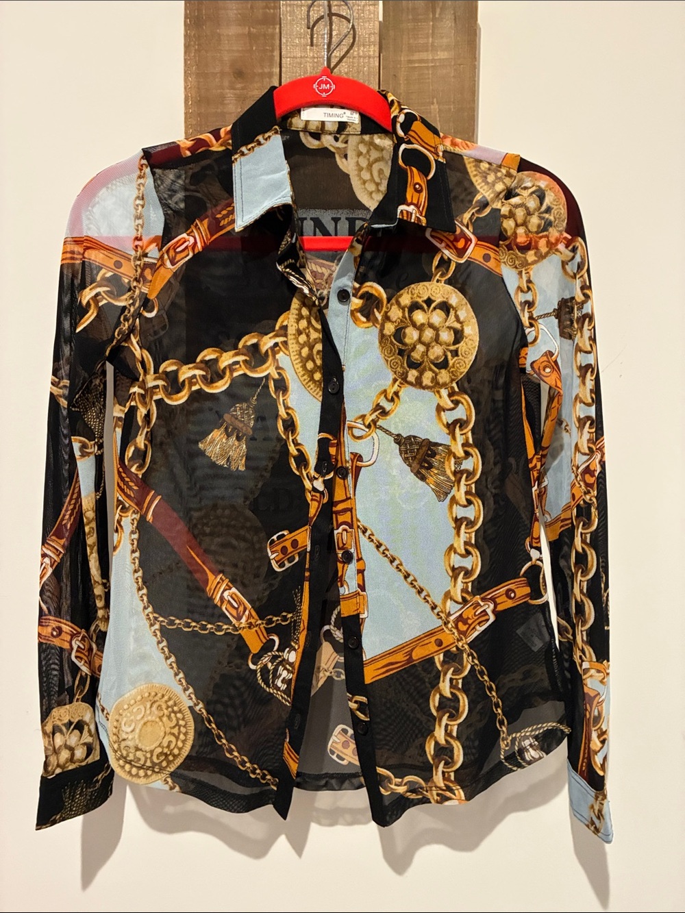 Timing Sheer Black and Light Blue Chain-Print Button-Down Shirt